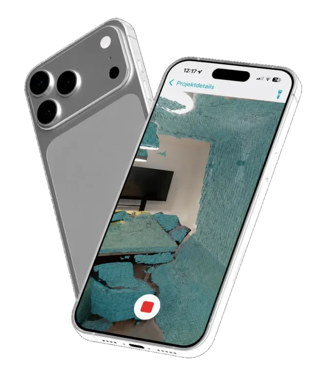 iPhone Pro mit der WohnScanner®-App beim LiDAR-Scan eines Wohnraums für Bestandsplan und Wohnflächenberechnung