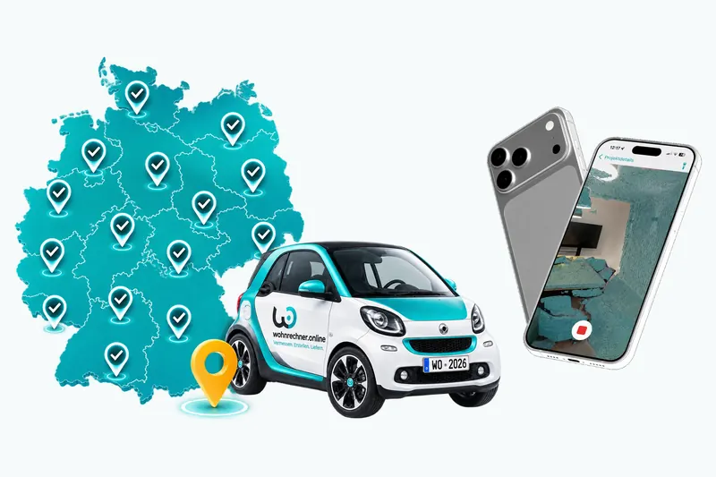 Deutschlandkarte mit Einsatzorten und dem Smart von wohnrechner.online, daneben die WohnScanner-App auf dem iPhone Pro
