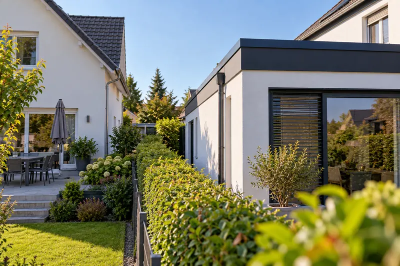 Neuer heller Anbau mit Flachdach dicht an der Hecke zum Nachbargrundstück