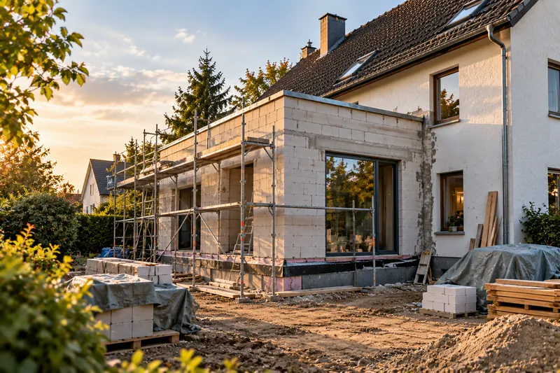 Rohbau eines Anbaus aus Kalksandstein mit Gerüst und abgedeckten Baustoffen an einem Einfamilienhaus