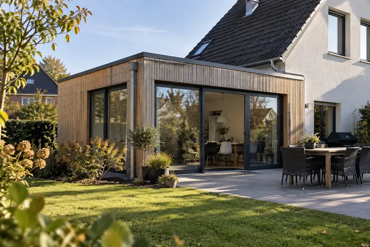 Eingeschossiger Anbau aus Holz und Glas an einem Einfamilienhaus, davor Terrasse mit Essplatz