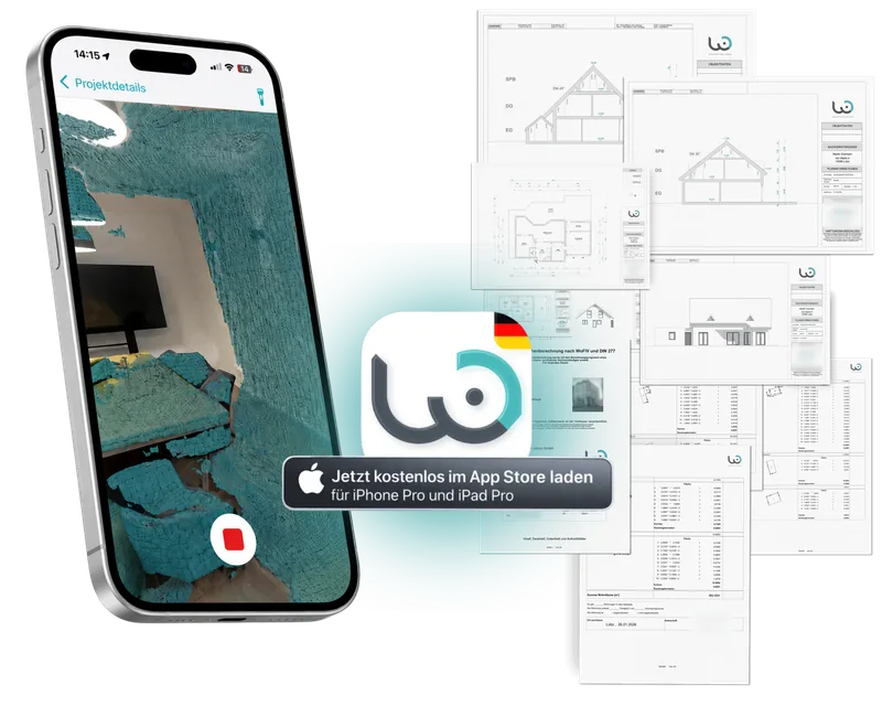 iPhone mit der WohnScanner-App beim Raumscan, daneben das App-Icon mit dem Hinweis auf den App Store und das fertige Planpaket aus Schnitten, Ansichten, Grundrissen und Wohnflächenberechnung