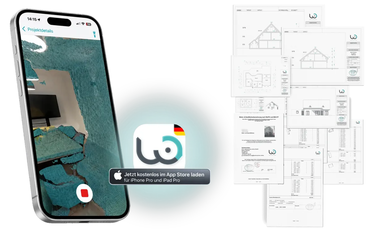 iPhone mit der WohnScanner-App beim Raumscan, daneben das App-Icon mit dem Hinweis auf den App Store und das fertige Planpaket aus Schnitten, Ansichten, Grundrissen und Wohnflächenberechnung