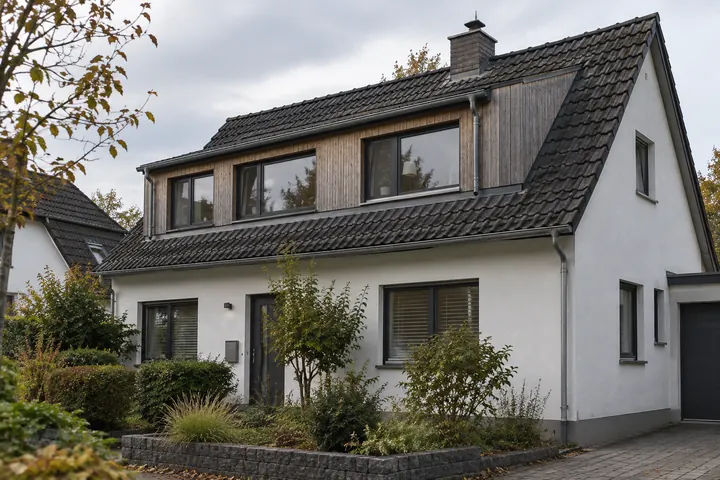 Einfamilienhaus mit langer, holzverkleideter Schleppgaube im Satteldach