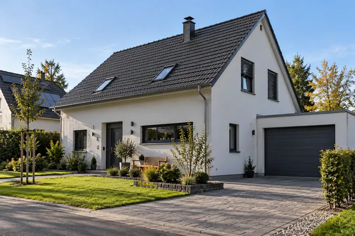 Neues Einfamilienhaus mit Satteldach, Garage und frisch angelegtem Garten