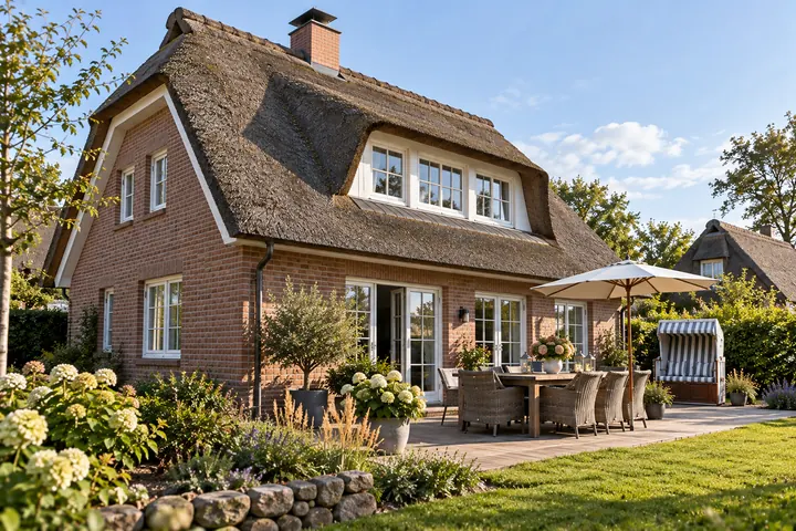 Reetgedecktes Klinkerhaus mit Terrasse, Gartenmöbeln und Strandkorb
