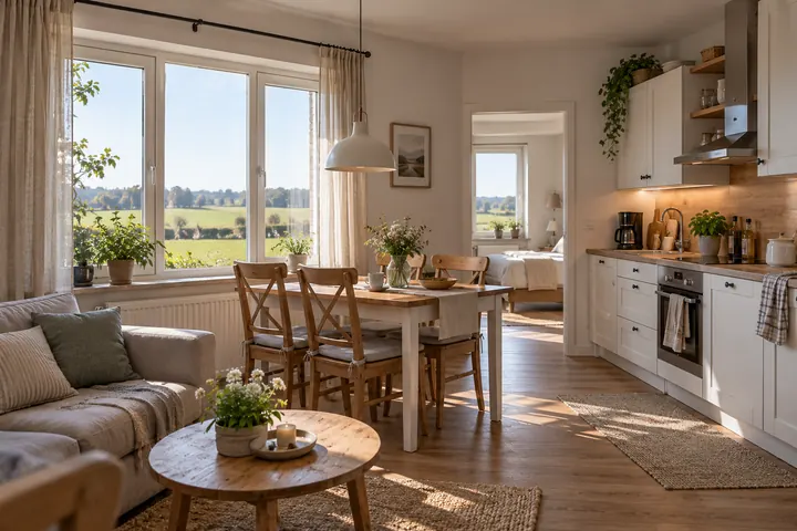 Bewohnte kleine Wohnung mit Küche, Esstisch und Blick aufs Land