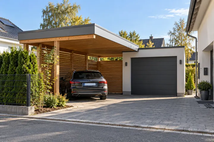Carport aus Holz mit Flachdach neben einer Garage an der Grundstücksgrenze