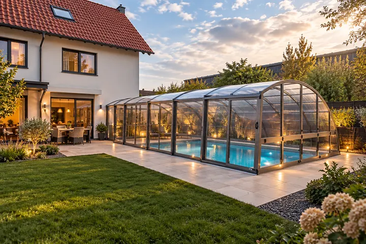 Pool mit gläserner Schiebeüberdachung im Garten eines Einfamilienhauses am Abend
