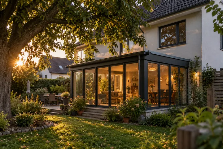 Verglaster Gartenraum am Einfamilienhaus im Schatten eines großen Baums, abends beleuchtet
