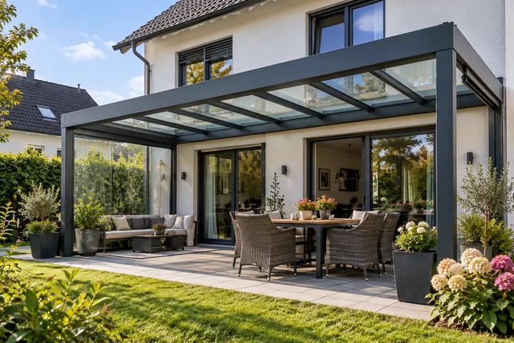Terrassenüberdachung aus Aluminium und Glas an einem Einfamilienhaus mit Lounge- und Essbereich