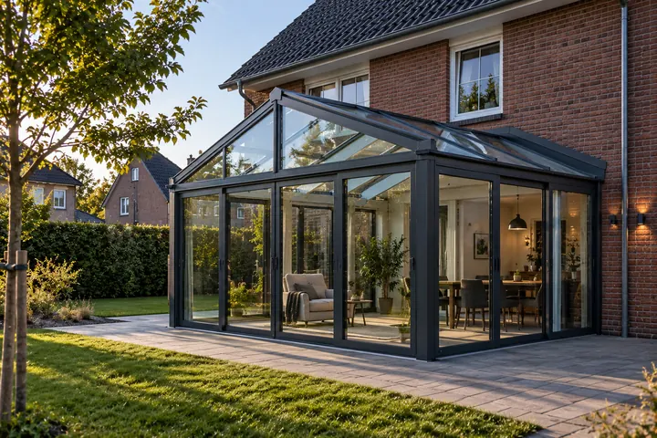Wintergarten aus Glas an einem Backsteinhaus, innen Pflanzen, Sessel und Esstisch
