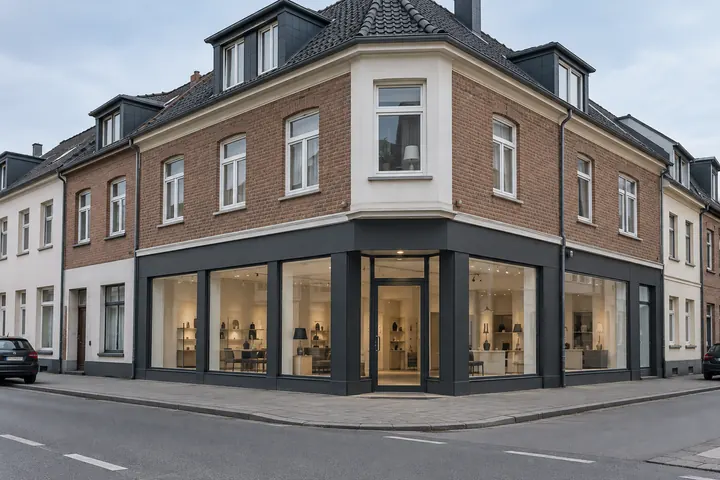 Eckhaus mit Ladenlokal und Schaufenstern im Erdgeschoss und Wohnungen darüber